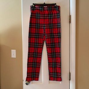 Red, plaid pull-on pants with stretch.